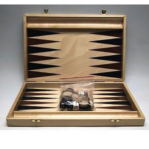 Backgammon, 35x23 cm-es világosbarna fa dobozban, fa korongokkal